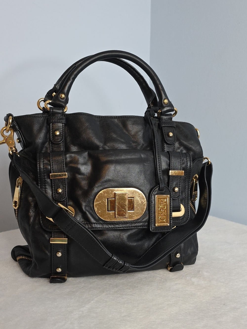 Badgley Mischka Black Leather Satchel with Gold Hardware